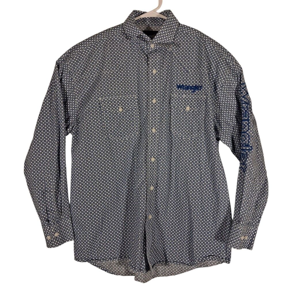 Wrangler shirt mens L Large blue geometric all over embroidered western aztec